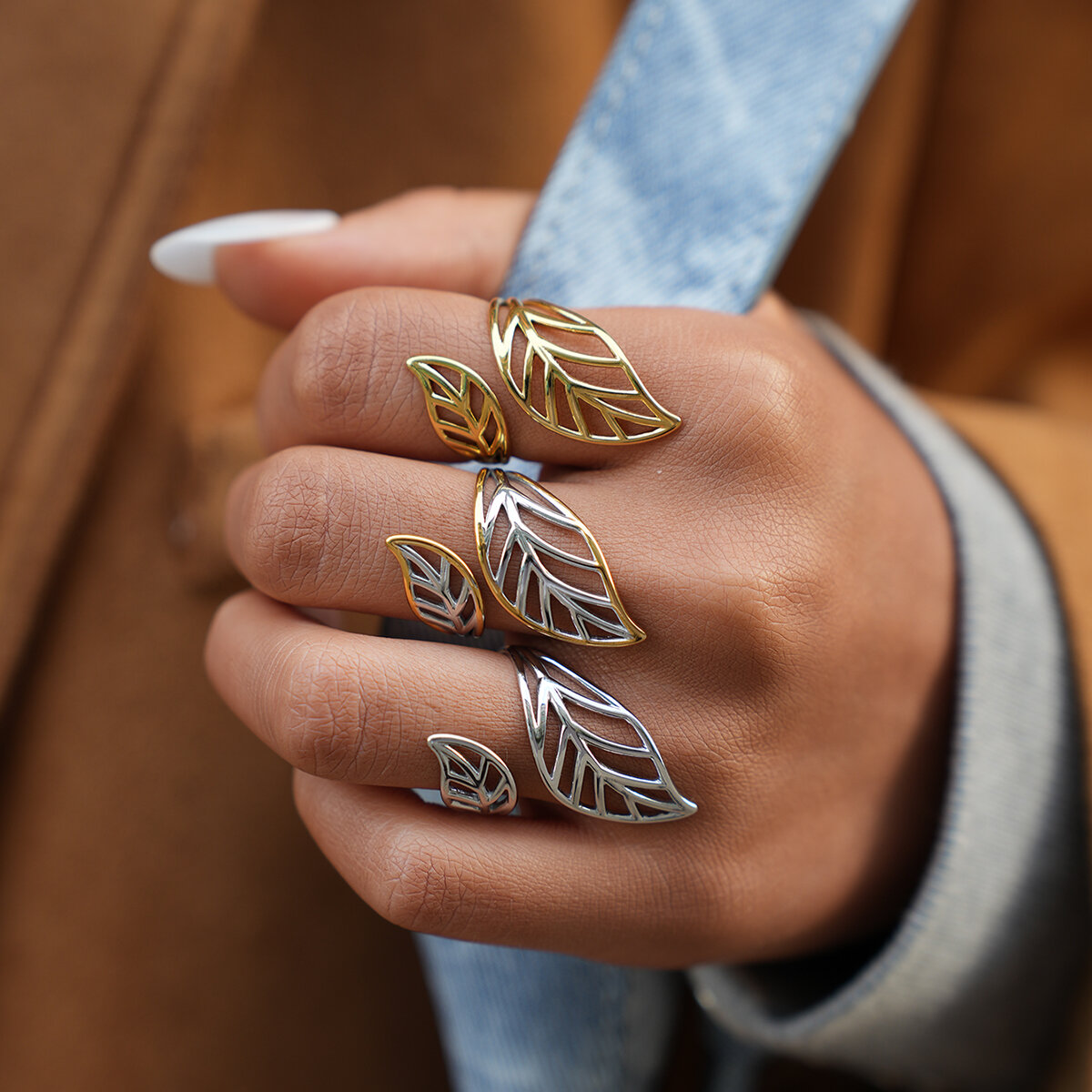 1 Piece Simple  Leaf Stainless Steel Waterproof   Gold Color  Women's Statement Rings h5 Picture6