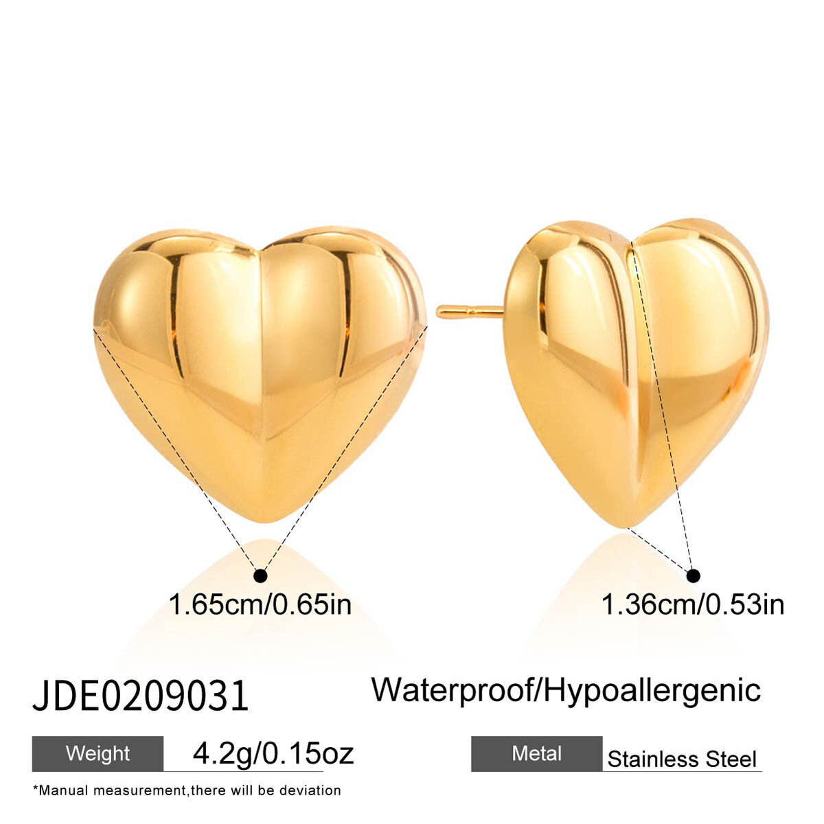 1 Pair Minimalist Heart Stainless Steel Waterproof Gold Color Women's Stud Earrings h5 Picture2