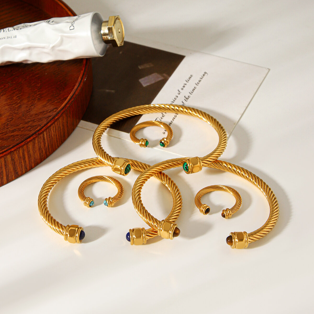Stainless Steel Waterproof Gold Color Natural Stone Cuff Bracelet Set h5Picture5