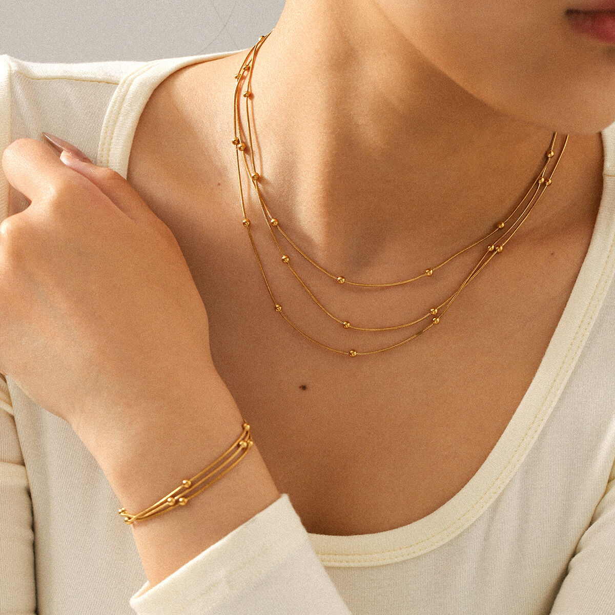Kralenketting van roestvrij staal, waterdicht, goudkleurig, gelaagd model