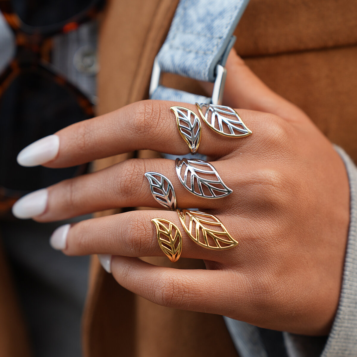 1 Piece Simple  Leaf Stainless Steel Waterproof   Gold Color  Women's Statement Rings h5 Picture4