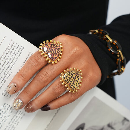 1 Piece Retro Big Heart Leopard Print Stainless Steel Waterproof Gold Color Statement Rings