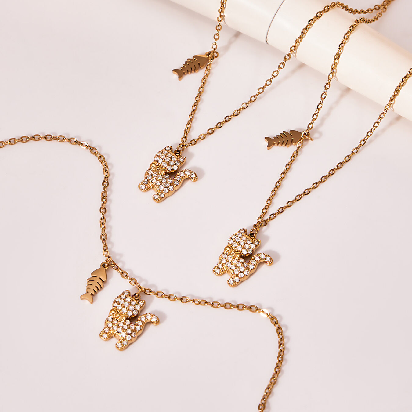 1 Piece Sweet Kitty Titanium Steel Gold Color Zircon Women's Pendant Necklaces 2