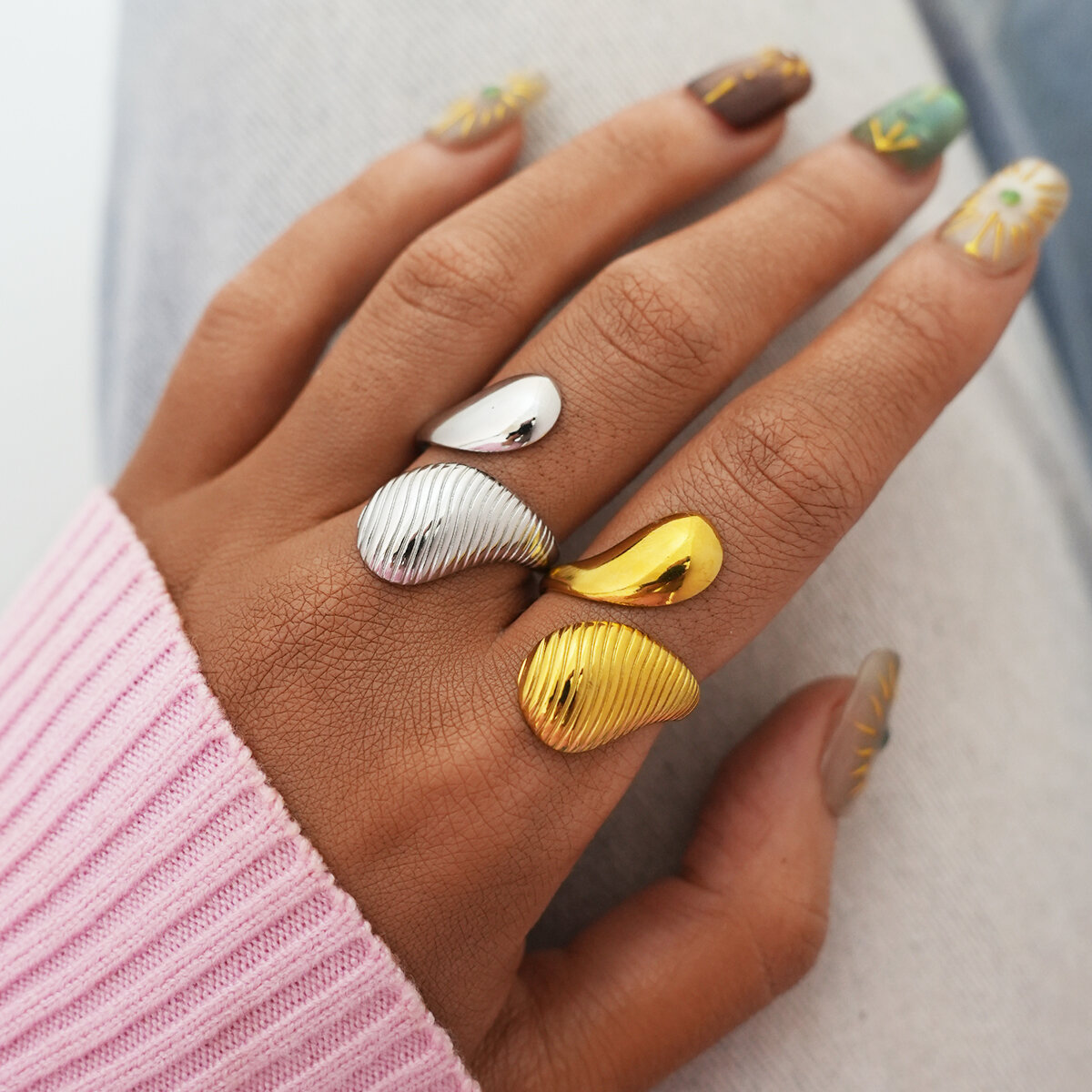 1 Piece Simple  Irregular Shape Lines Stainless Steel Waterproof  Gold Color Women's  Statement Rings