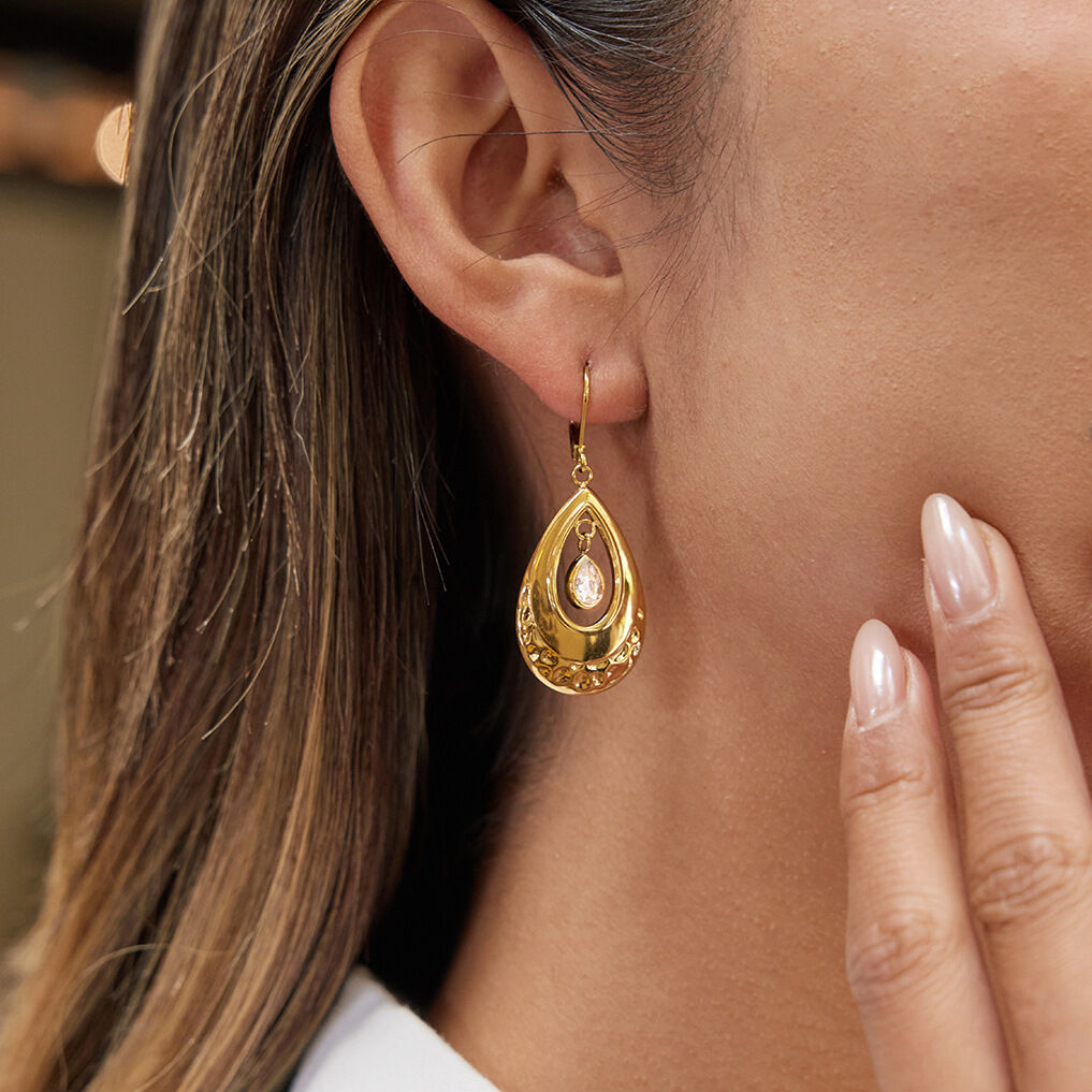 1 Pair Lustrous Droplet Stainless Steel Waterproof Gold Color Zircon Women's Drop Earrings 2