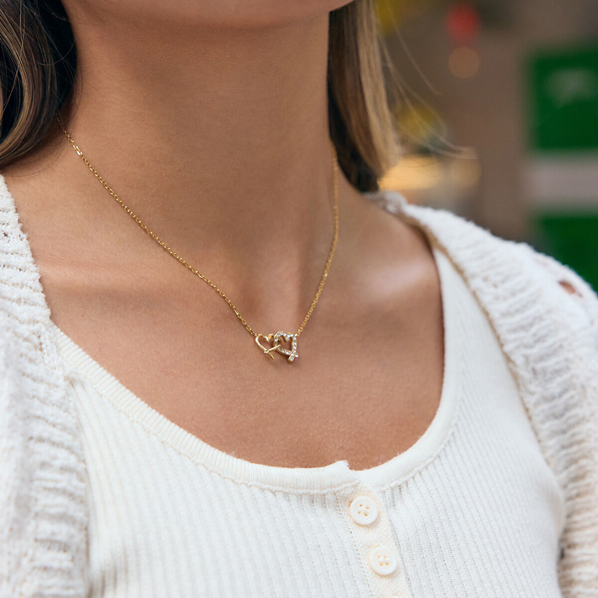 1 Piece Romantic Double Heart Stainless Steel Waterproof Gold Color Zircon Women's Pendant Necklaces h5 Picture4