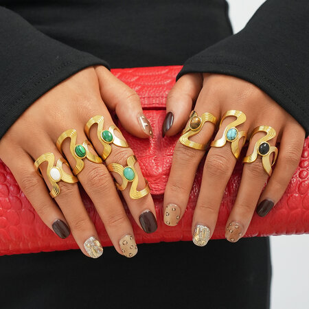 1 Piece Retro Irregular ShapeLineStainless Steel Waterproof Gold Color Women‘s Statement Rings