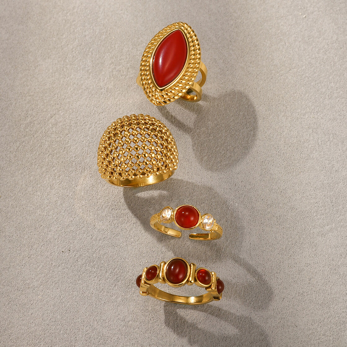 1 Piece Red Natural Stone Irregular Shape Stainless Steel Waterproof Gold Color Statement Rings Picture2