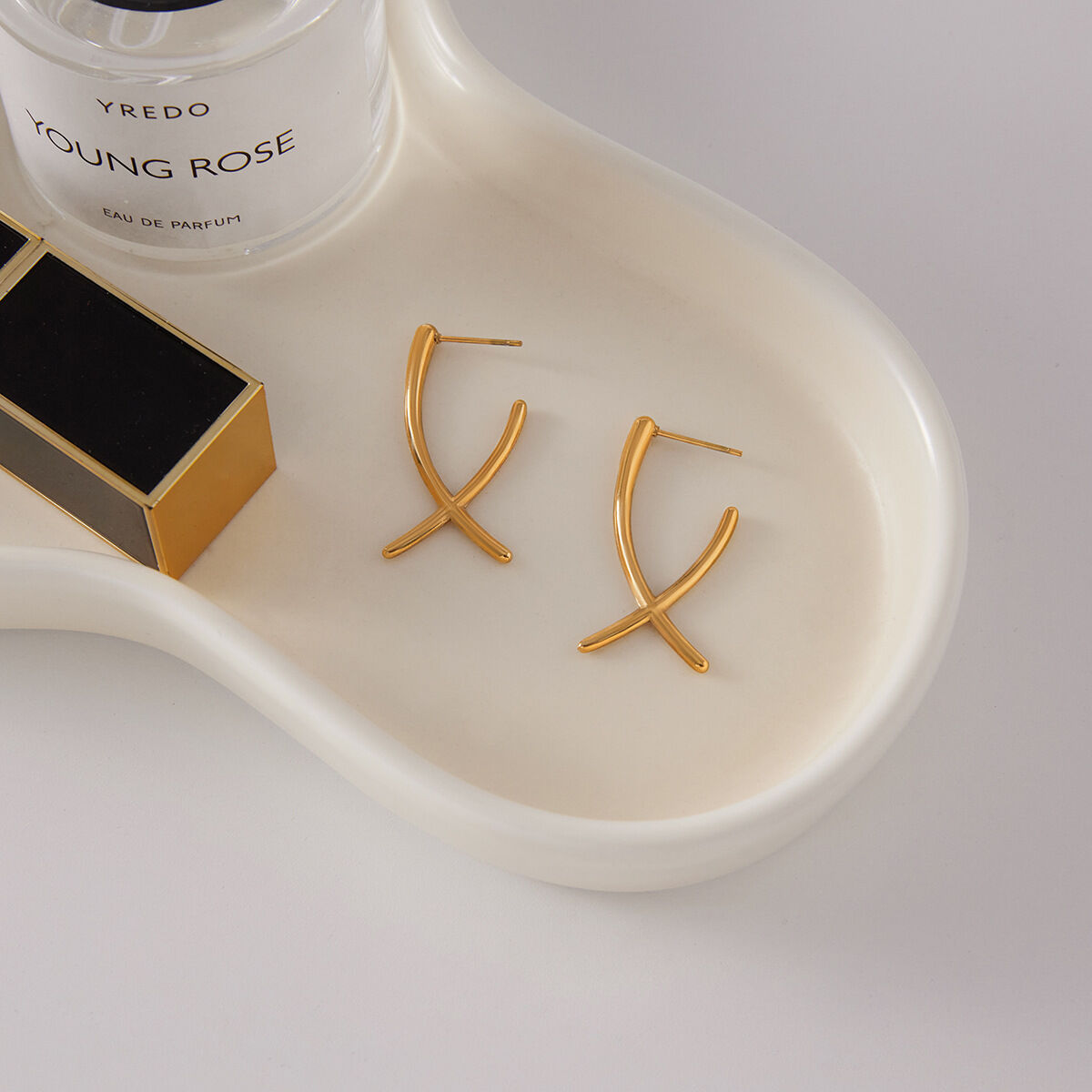 1 Pair Minimalist Cross Lines Stainless Steel Waterproof Gold Color Women's Stud Earrings h5 Picture6