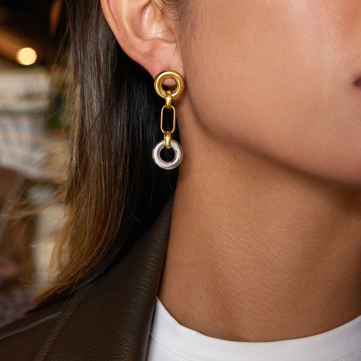 1 paio di orecchini pendenti da donna in acciaio inossidabile impermeabile color oro e argento 2