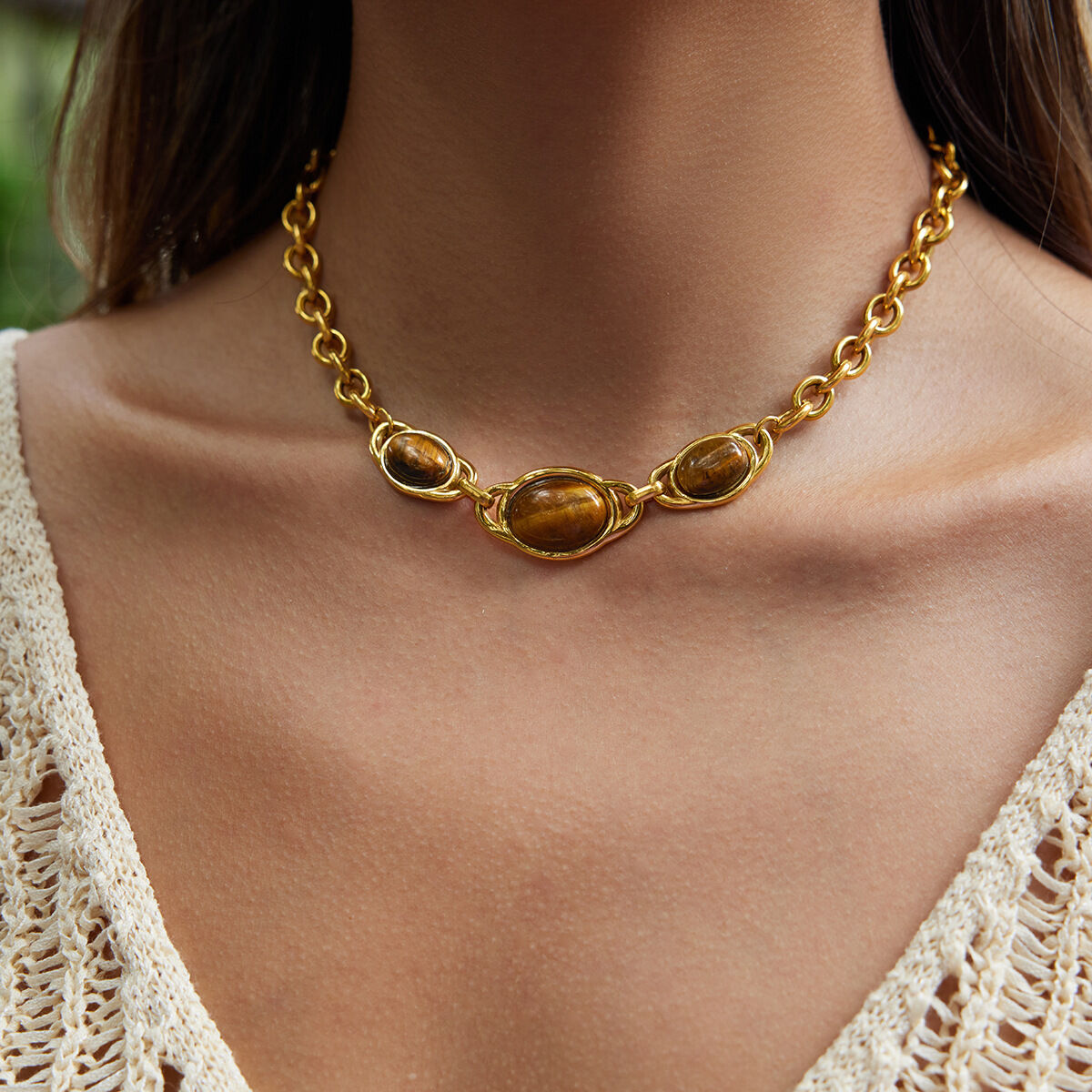 1 pezzo di collana con ciondolo ovale in pietra naturale vintage in acciaio inossidabile impermeabile color oro da donna