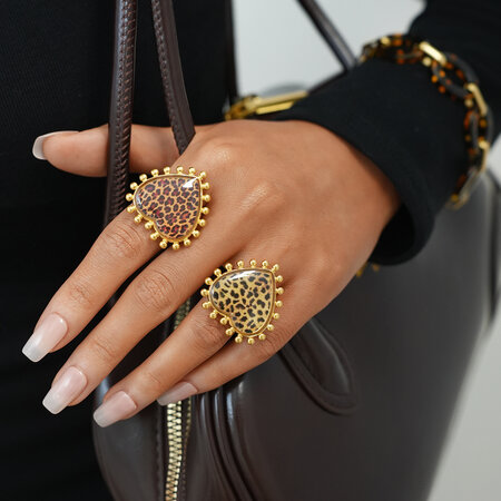 1 Piece Retro Big Heart Leopard Print Stainless Steel Waterproof Gold Color Statement Rings 2