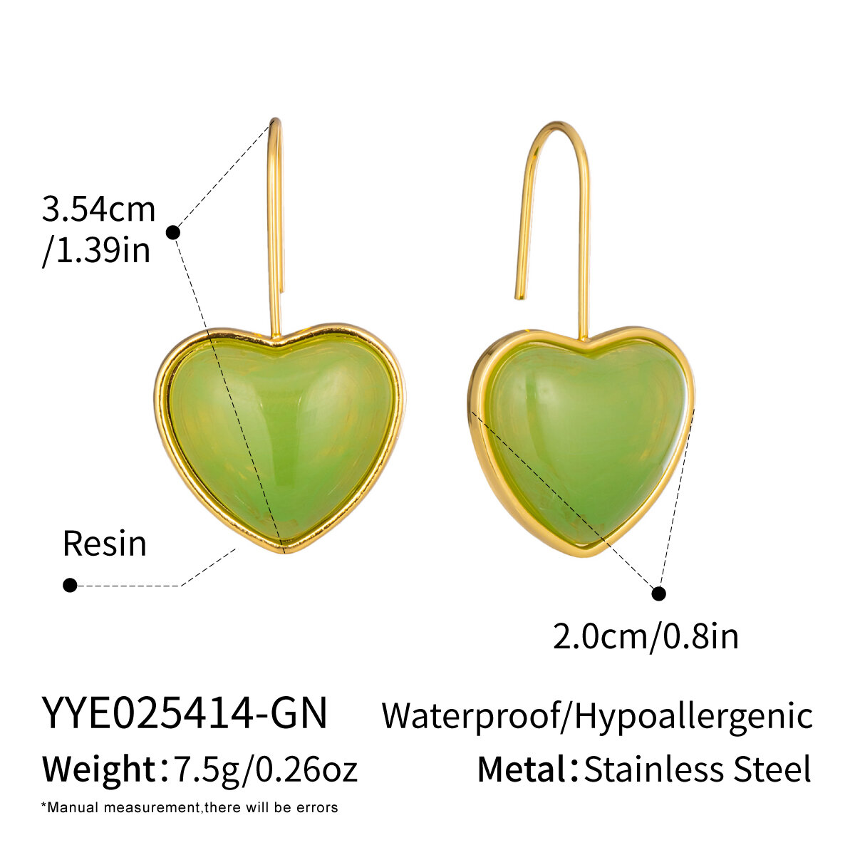 1 Pair Heart Resin Gold Color Drop Earrings 