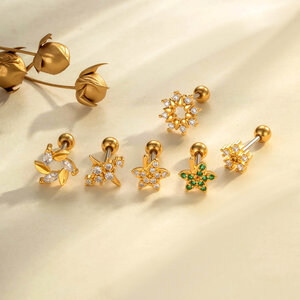 Pendientes de perforación para mujer con circonitas de color cobre y dorado de hoja simple de 1 pieza h5 Imagen4