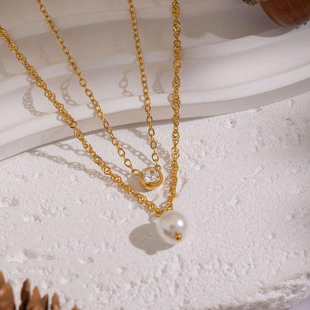 1 Piece Elegant Chain Stainless Steel Waterproof Gold Color Zircon Pearl Layered Necklace h5Picture4