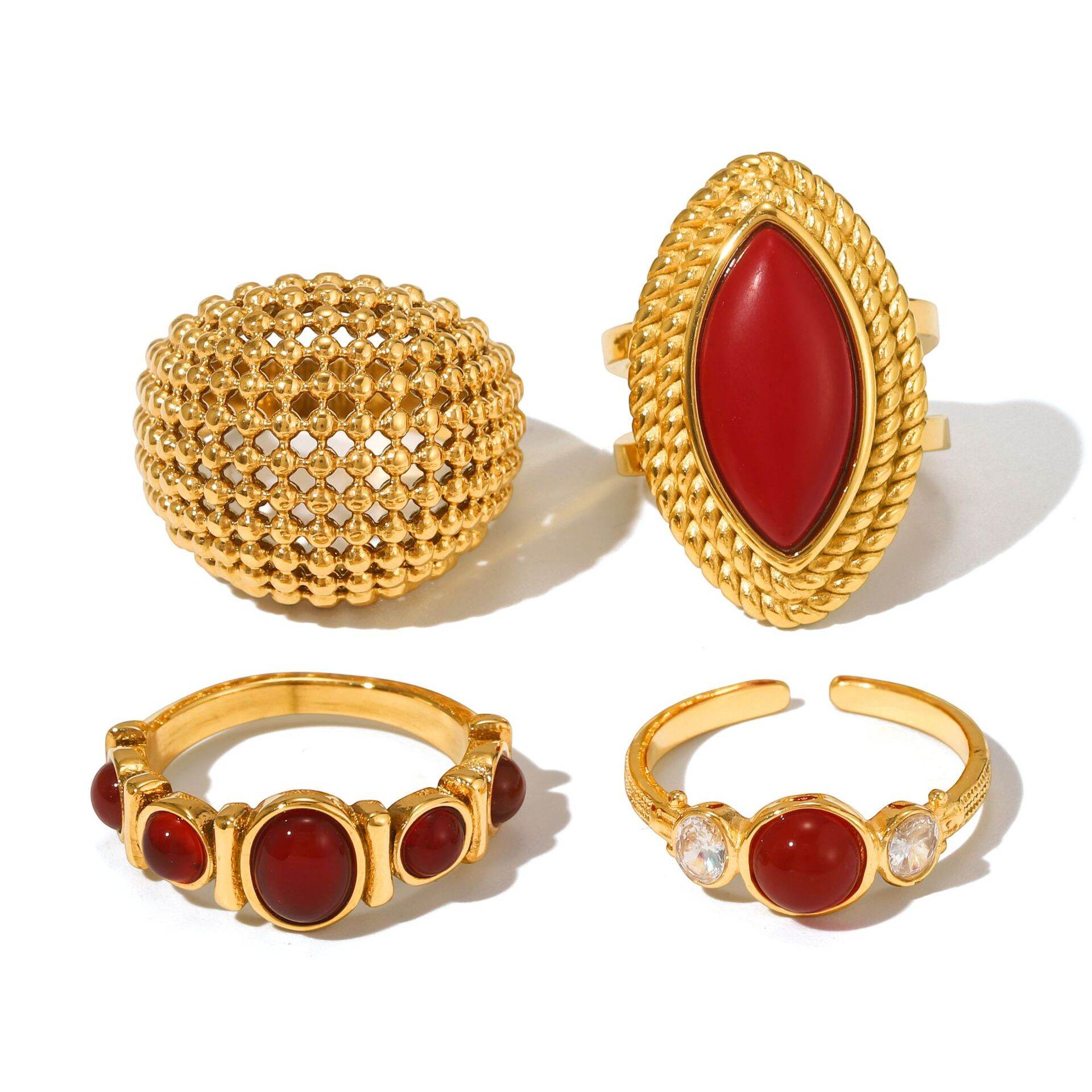 1 Piece Red Natural Stone Irregular Shape Stainless Steel Waterproof Gold Color Statement Rings Picture5