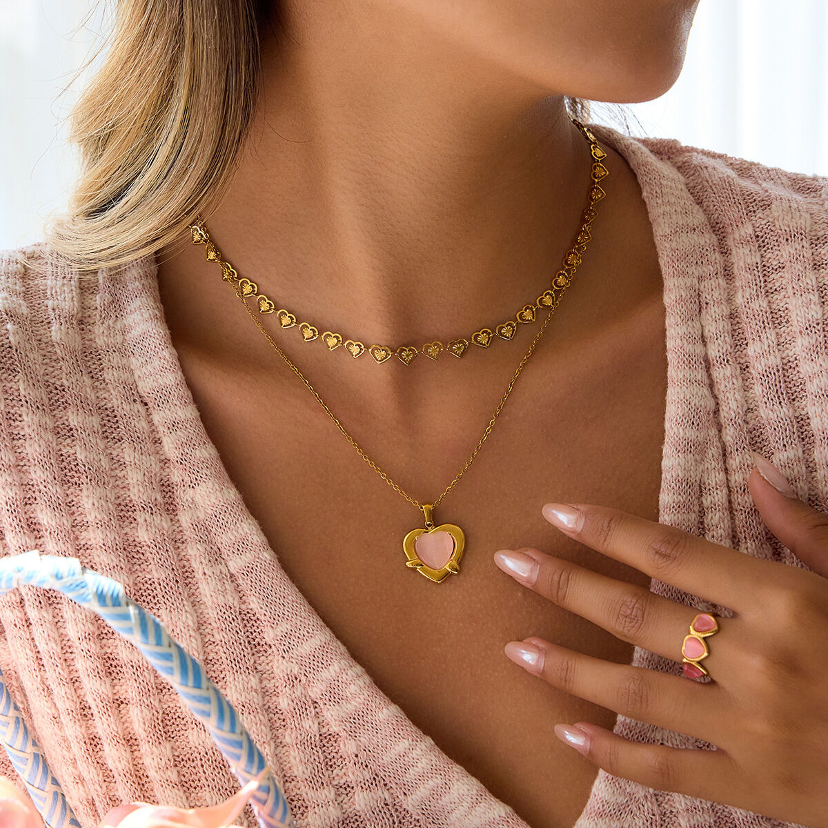 1 Piece Sophisticated Pink Heart Stainless Steel Waterproof Gold Color Women's Pendant Necklaces