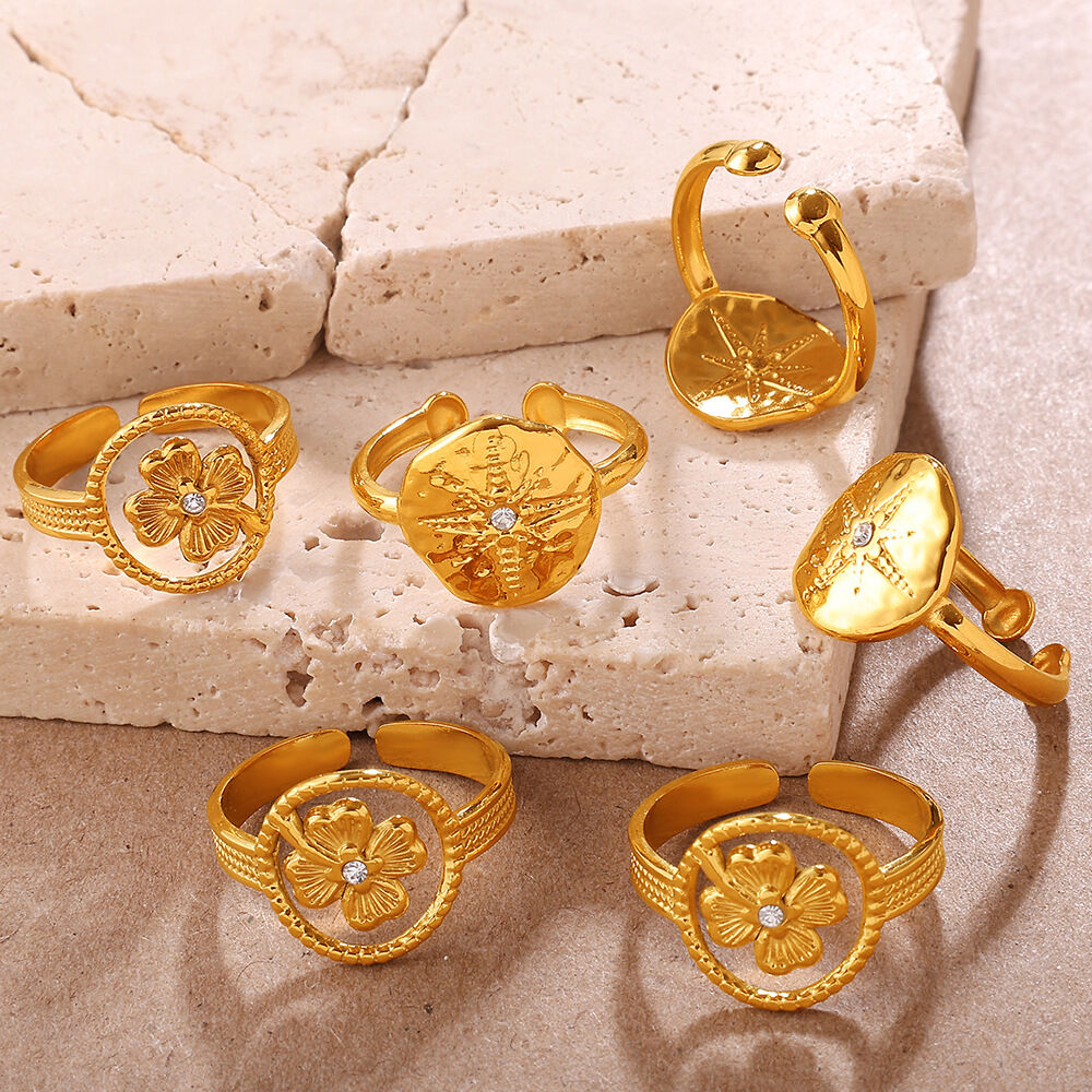1 Stück Clover Edelstahl wasserdichter goldfarbener Strass-Statement-Ring