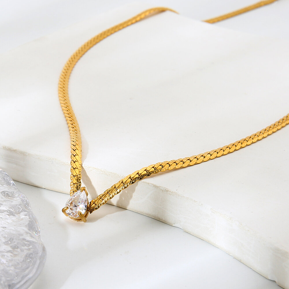 1 Piece Luxurious  Droplet Stainless Steel Waterproof   Gold Color  Zircon Women's Pendant Necklaces