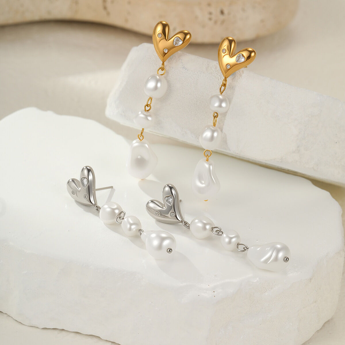 Boucles d'oreilles à perles et pompons romantiques pour femme, en acier inoxydable imperméable, couleur or (1 paire). 2