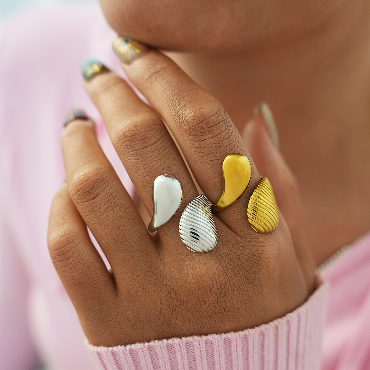1 Piece Simple  Irregular Shape Lines Stainless Steel Waterproof  Gold Color Women's  Statement Rings 2