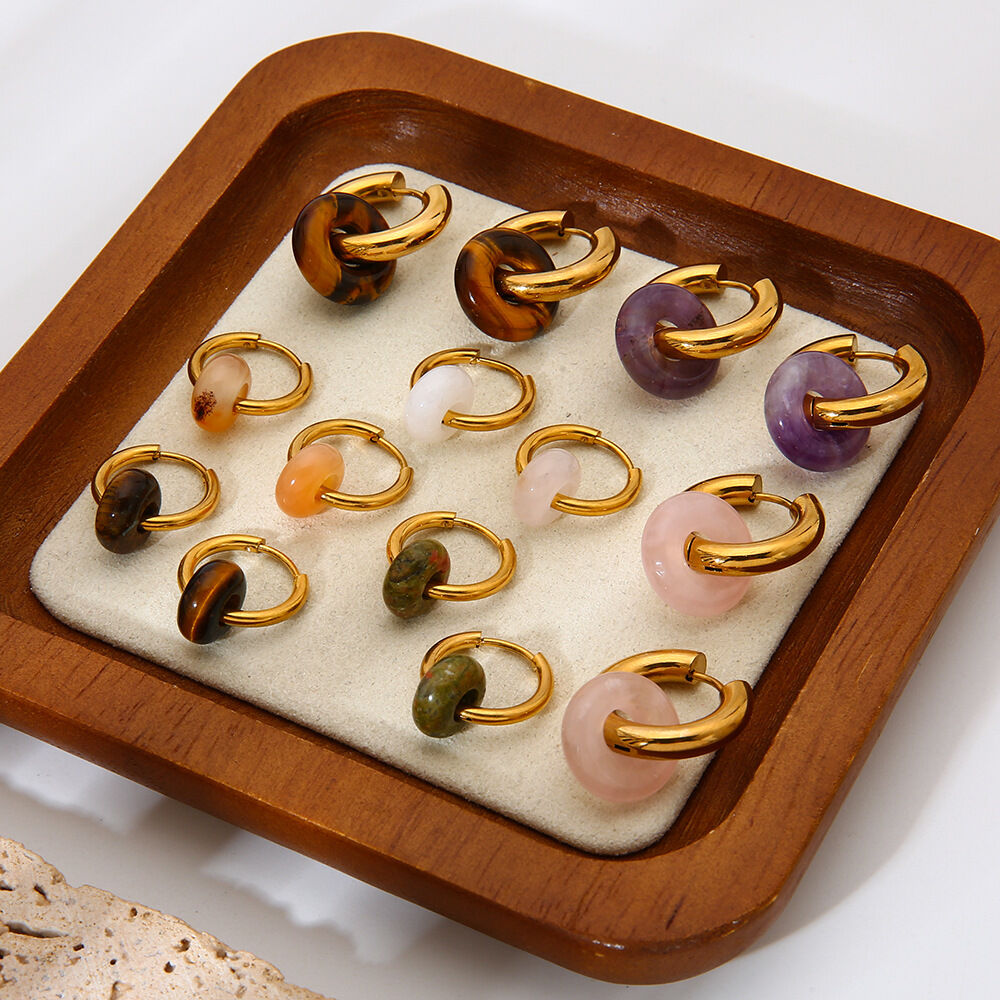 1 paio di orecchini pendenti retrò in pietra naturale color oro e acciaio inossidabile