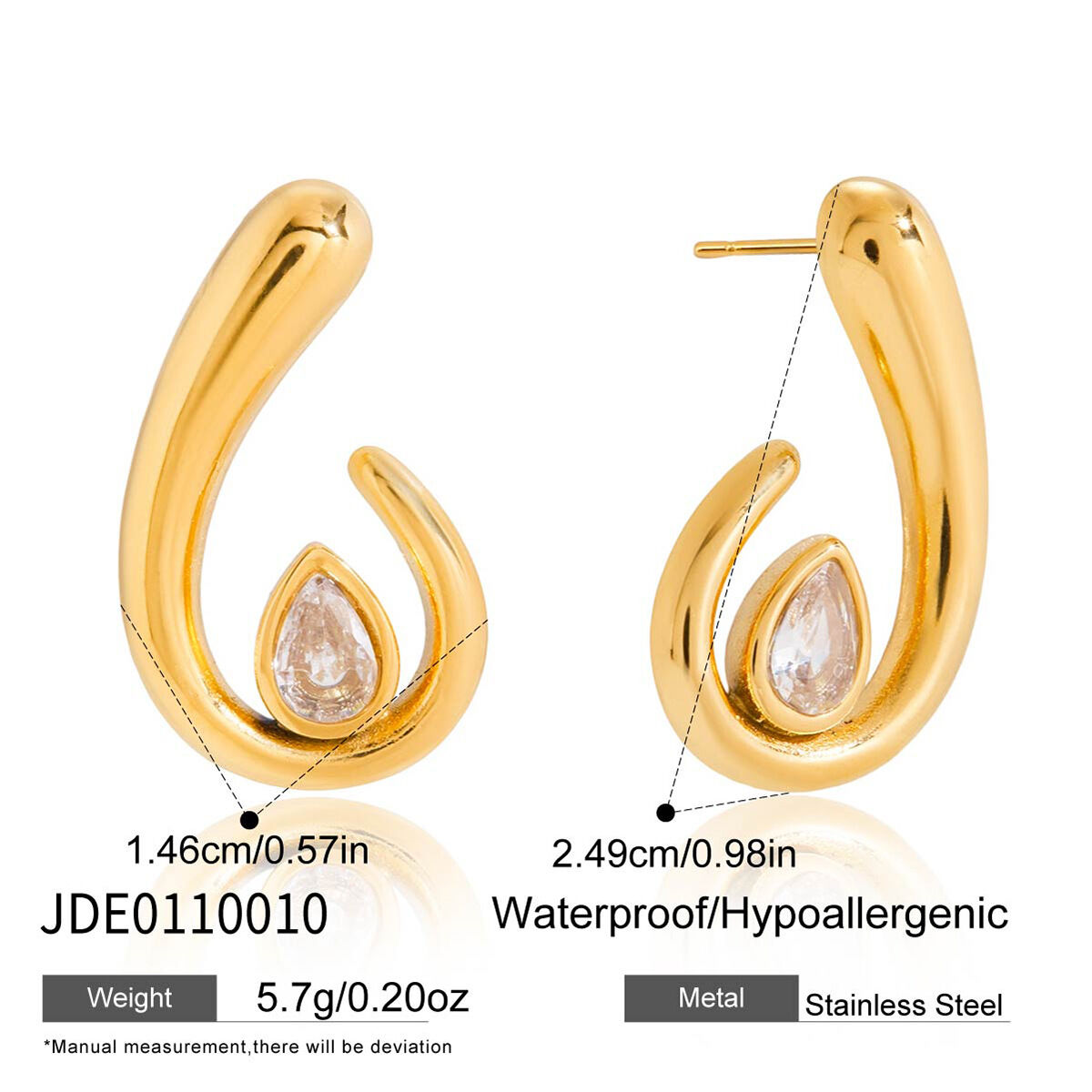 1 paire de magnifiques boucles d'oreilles puces en acier inoxydable doré, étanches, avec zircon, pour femmes. Image2
