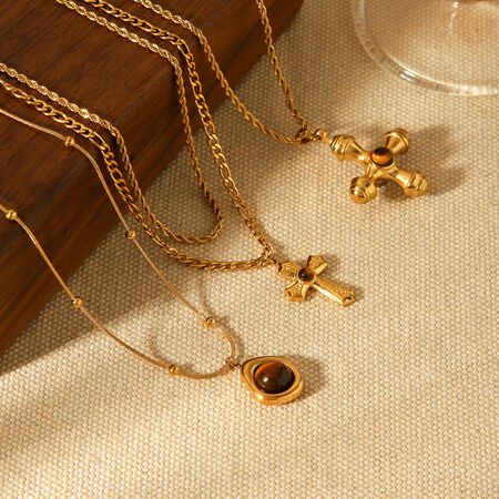 Collana con ciondolo in pietra naturale color oro impermeabile in acciaio inossidabile con croce retrò da 1 pezzo 2