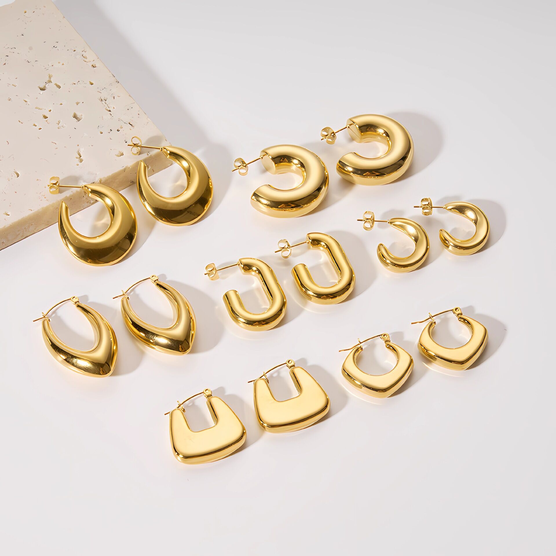 1 Pair Modern Various Circle Stainless Steel Waterproof Gold Color Women's Hoop Earrings Picture3