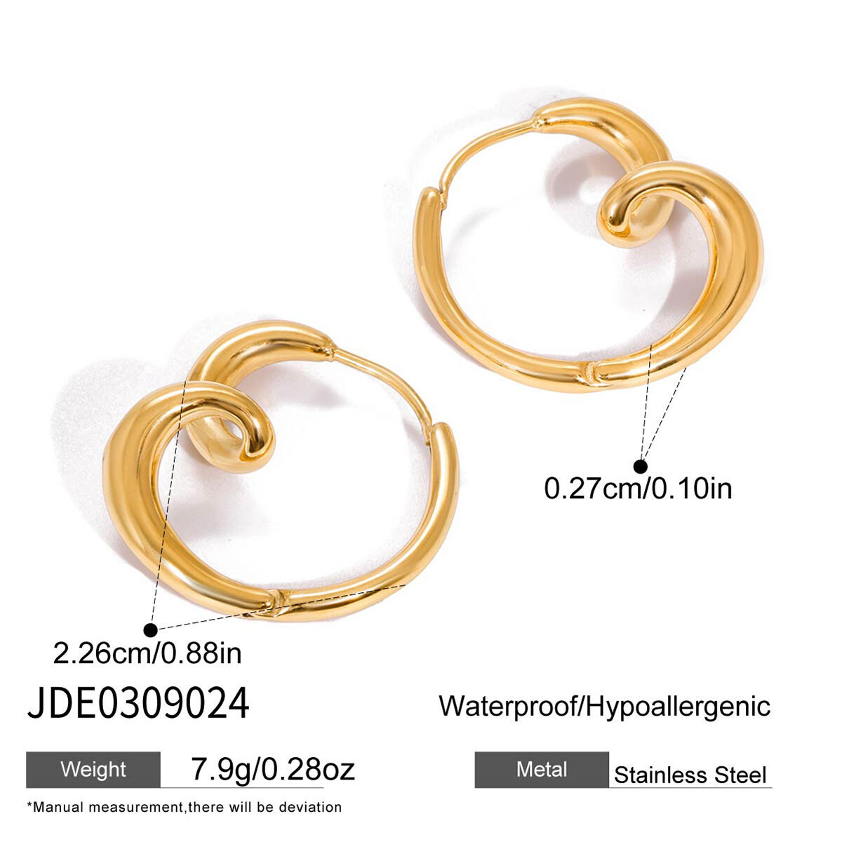 1 paire de boucles d'oreilles créoles élégantes en forme de cœur, en acier inoxydable étanche, couleur or, pour femme. h5 Image2