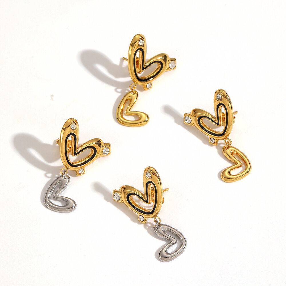 1 Pair Classic Heart Stainless Steel Waterproof Gold Color Rhinestone Drop Earrings Picture3