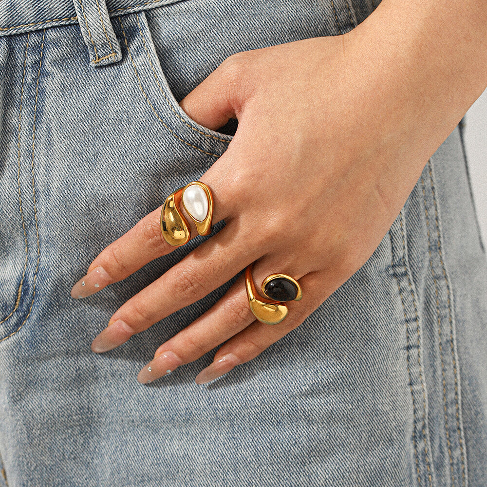 1 Piece Stainless Steel Waterproof Gold Color Natural Stone Gemstone Ring h5Picture5