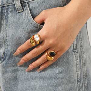 1 Piece Stainless Steel Waterproof Gold Color Natural Stone Gemstone Ring h5 Picture5