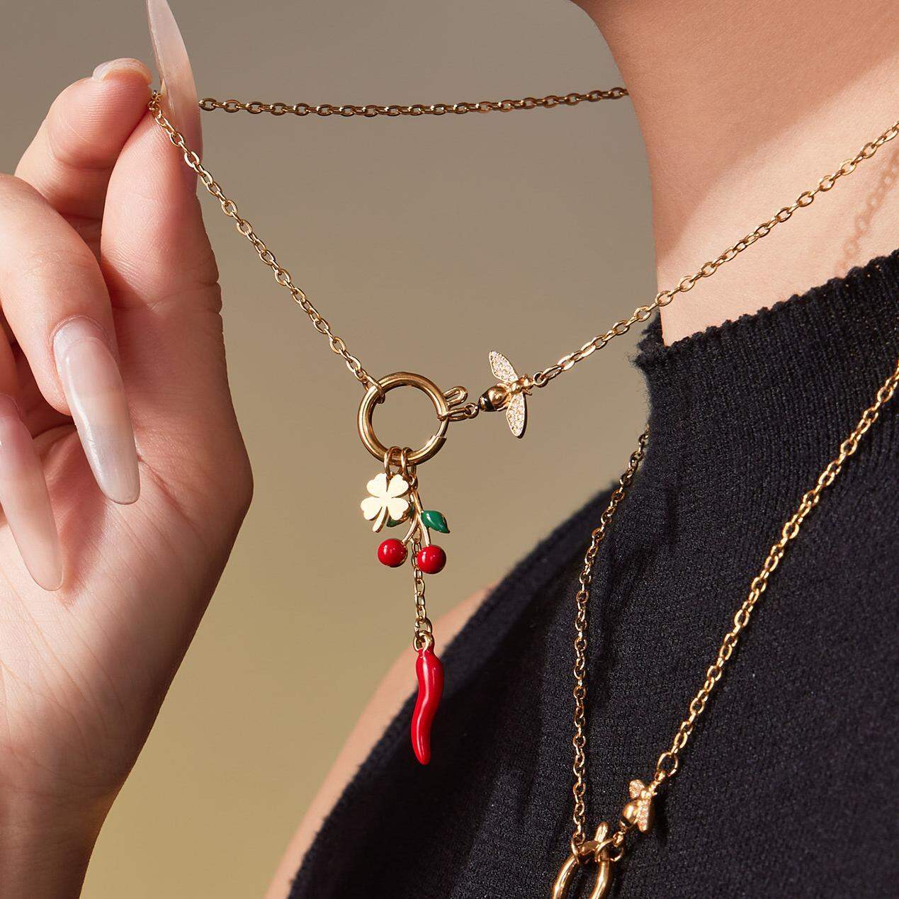 1 Piece Luxurious Cherry&Chili Stainless Steel Waterproof Gold Color Women's Pendant Necklaces