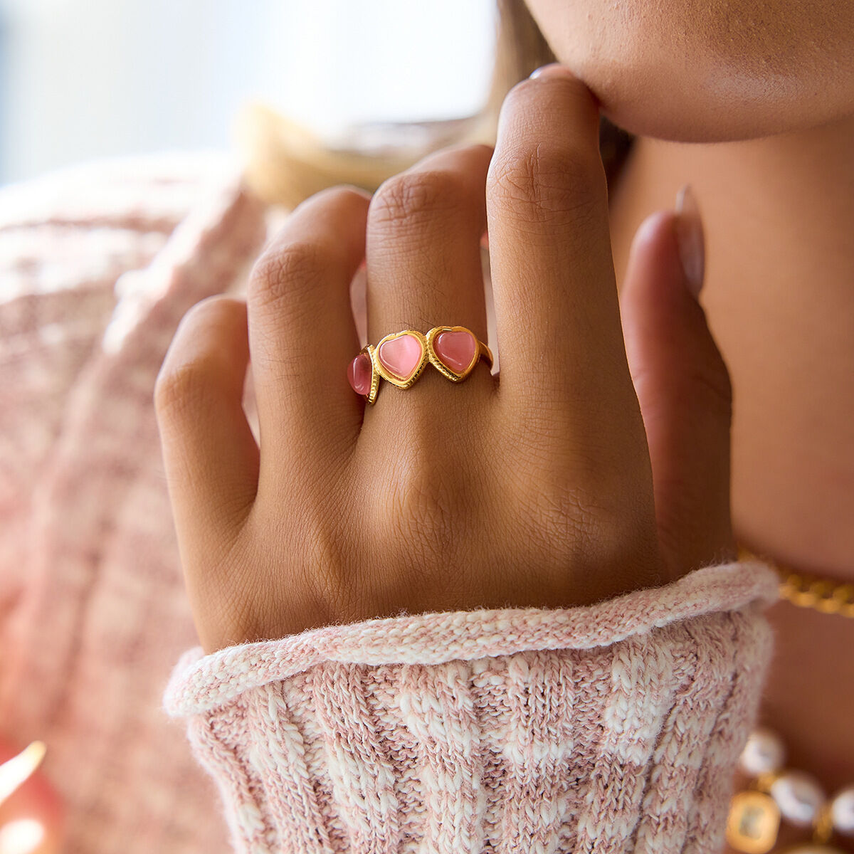 1 Piece Romantic Pink Heart Stainless Steel Waterproof Gold Color Statement Rings