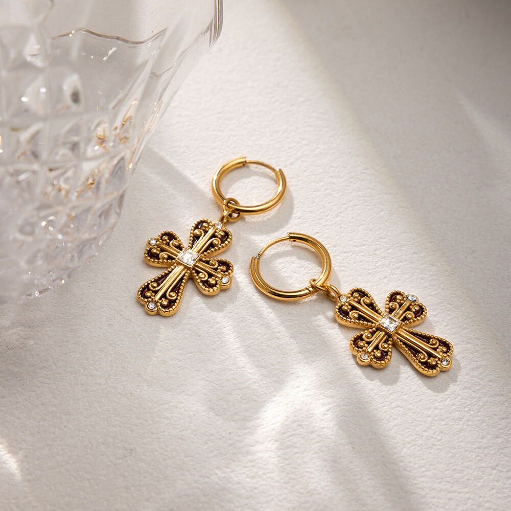 1 Pair Luxurious Cross Stainless Steel Waterproof Gold Color Women's Drop Earrings Picture6