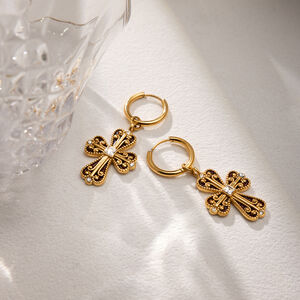 1 Pair Luxurious Cross Stainless Steel Waterproof Gold Color Women's Drop Earrings h5 Picture6
