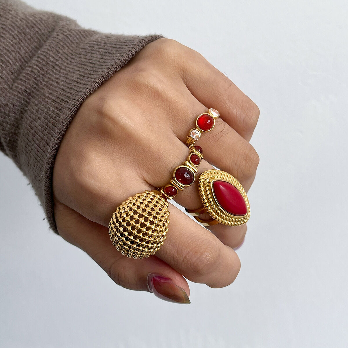 1 Piece Red Natural Stone Irregular Shape Stainless Steel Waterproof Gold Color Statement Rings Picture4