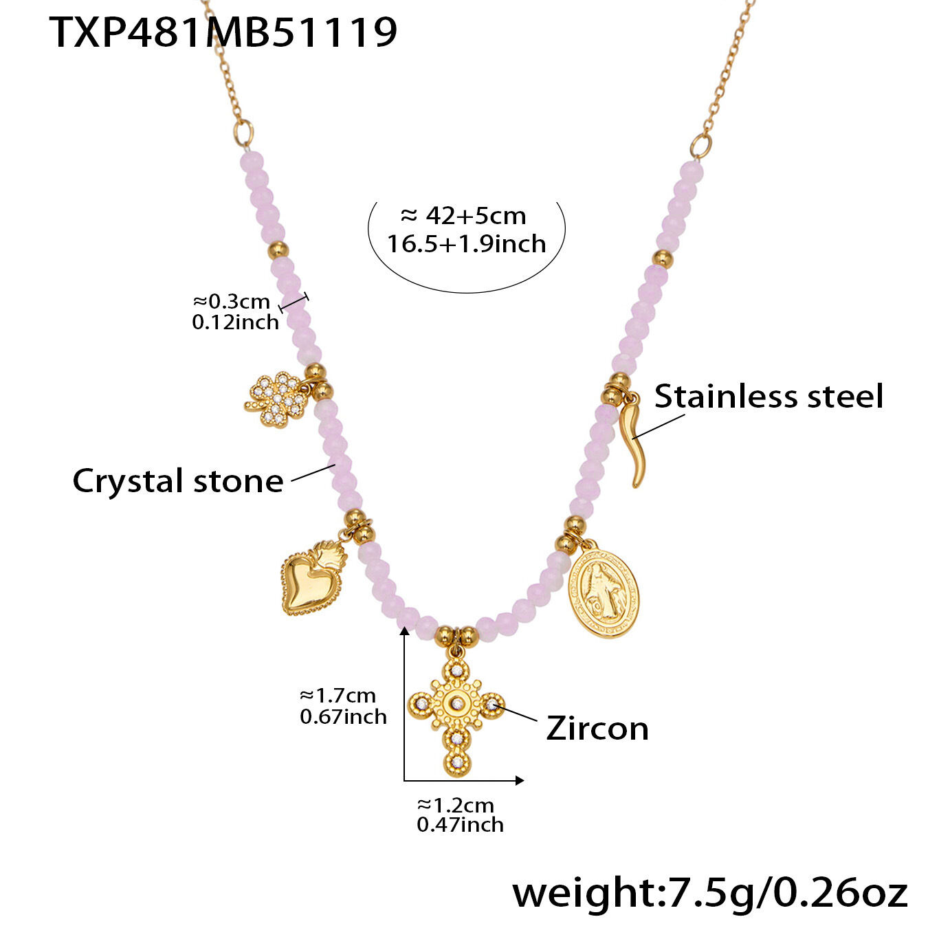 Txp481 - Pink Beaded Necklace 42+5Cm Picture4
