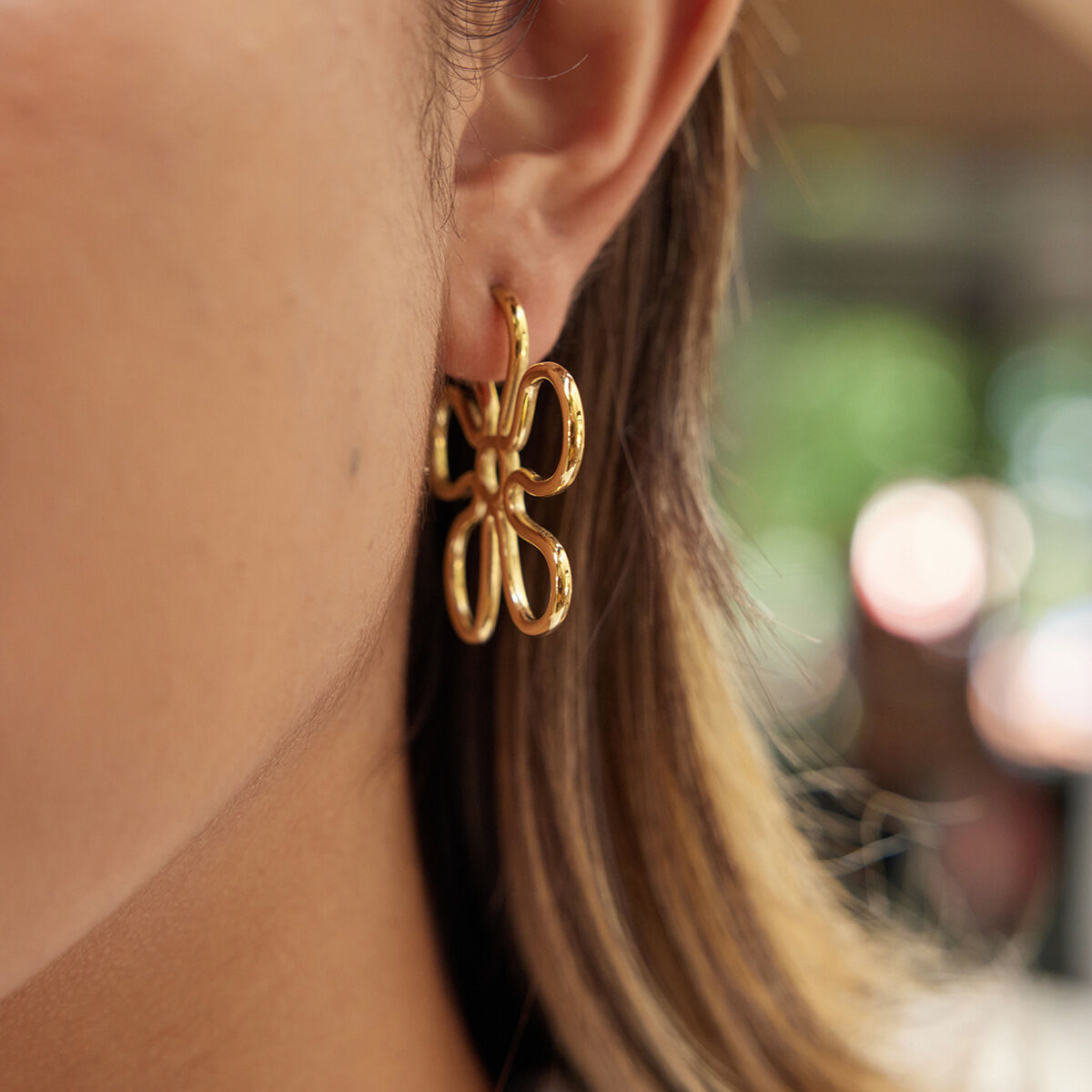 1 Pair Simple Line Flower Stainless Steel Waterproof Gold Color Women's Dangle Earrings h5 Picture3