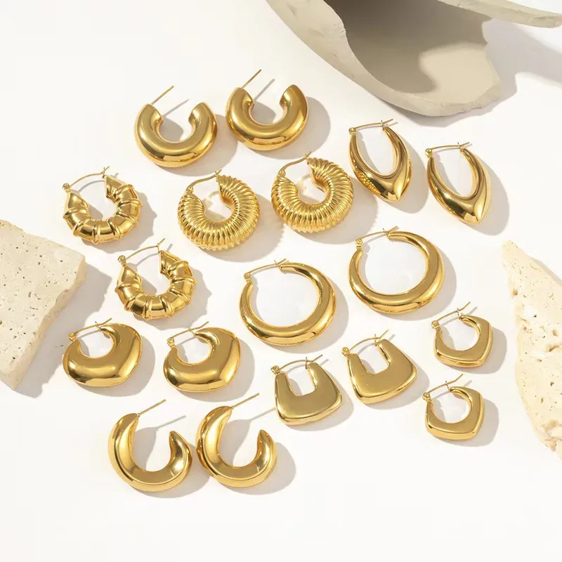 1 Pair Modern Various Circle Stainless Steel Waterproof Gold Color Women's Hoop Earrings