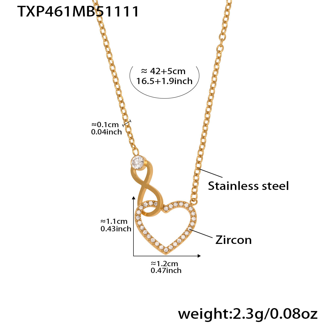 Exquisites Herz-Unendlichkeits-Schmuckset aus Titanstahl in Goldfarbe mit Zirkonia für Damen 