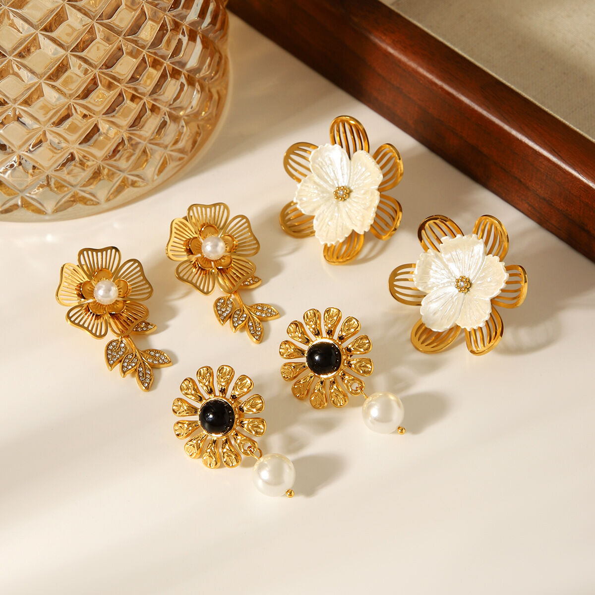 1 Pair Flower Stainless Steel Waterproof Gold Color Drop Earrings Picture4