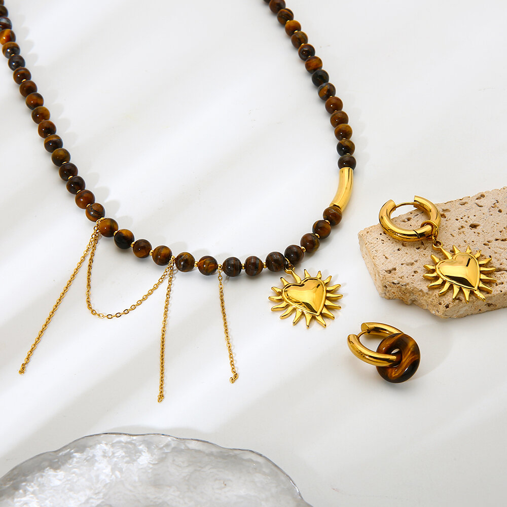 Retro Heart Natural Stone Beads Stainless Steel Waterproof Gold Color Jewelry Set h5Picture2