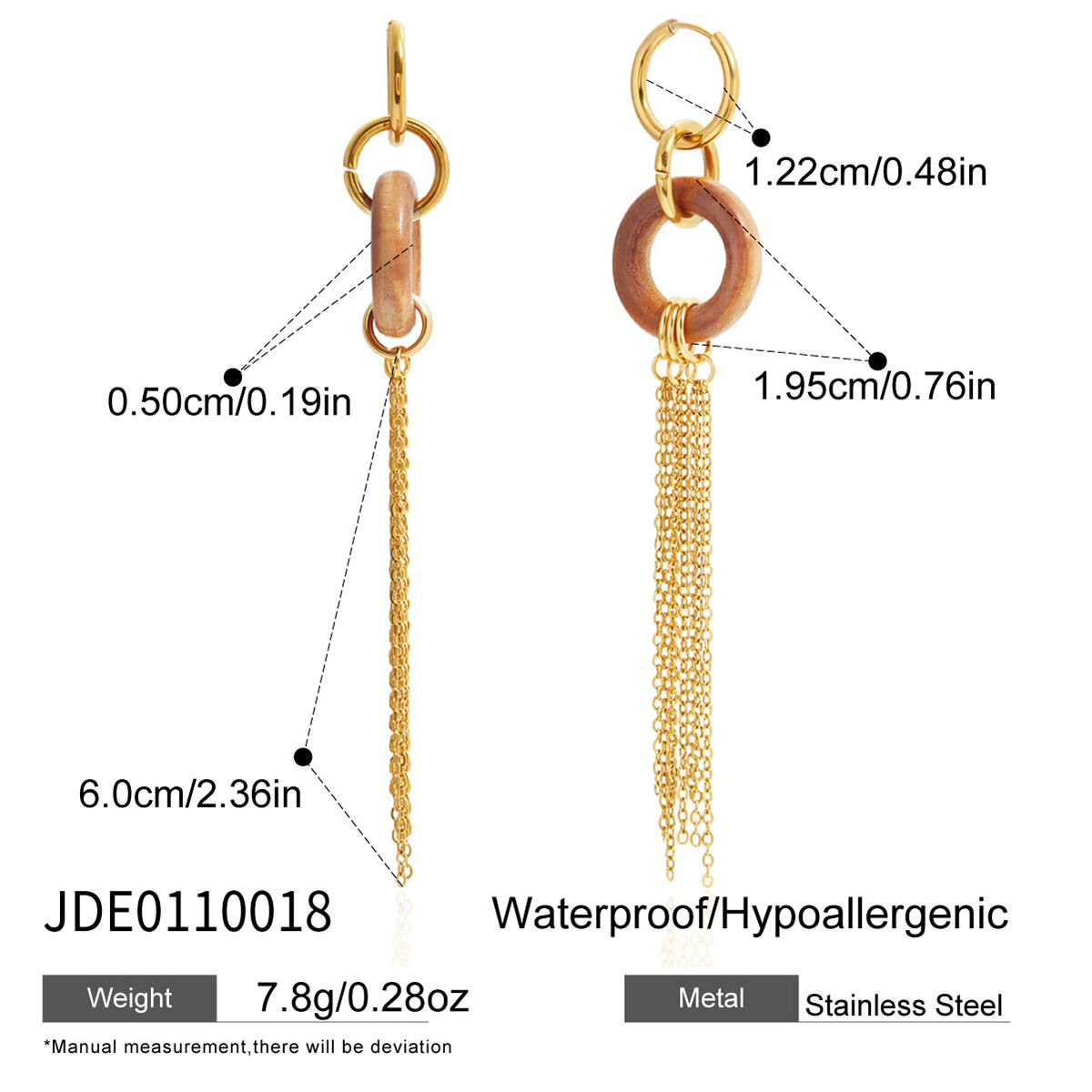 1 paio di orecchini pendenti classici da donna in acciaio inossidabile con nappa e cerchio in legno, impermeabili, color oro h5 Immagine2