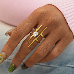 1 Piece Elegant Lines Stainless Steel Waterproof Gold Color Zircon Women's Statement Rings h5 Picture4