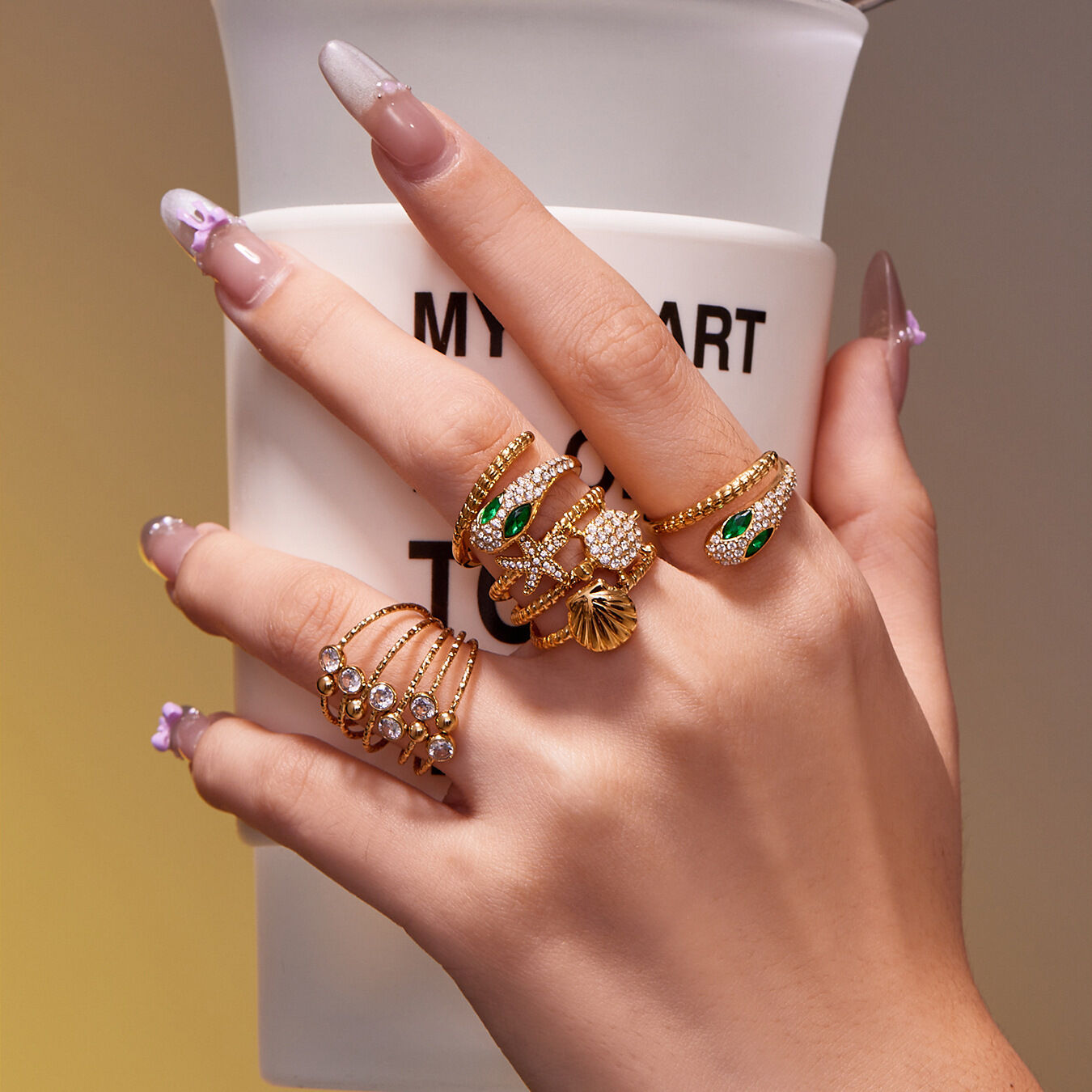 1 Piece Sparkling Snake Titanium Steel Gold Color Zircon Women's Gemstone Rings Picture3