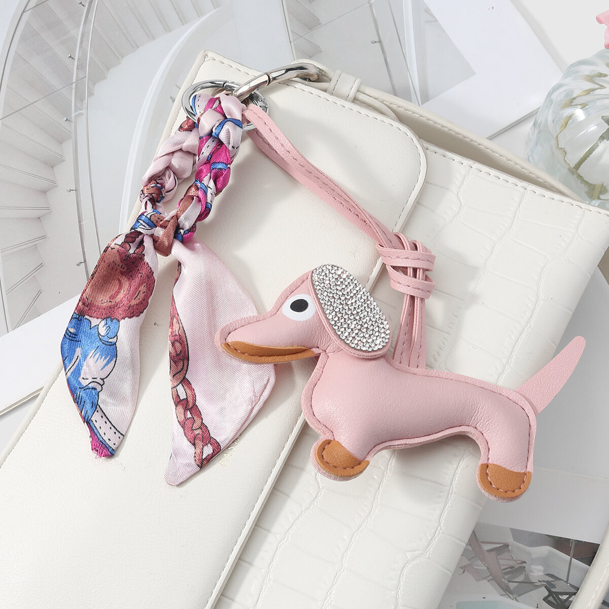 1 Piece Cute Handmade Knotted Silk Scarf Leather Dachshund DIY Bag Charm h5 Picture6