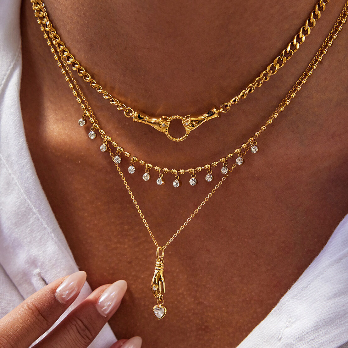 Collana a catena da donna in zircone color oro impermeabile in acciaio inossidabile con mani di lusso, 1 pezzo 2