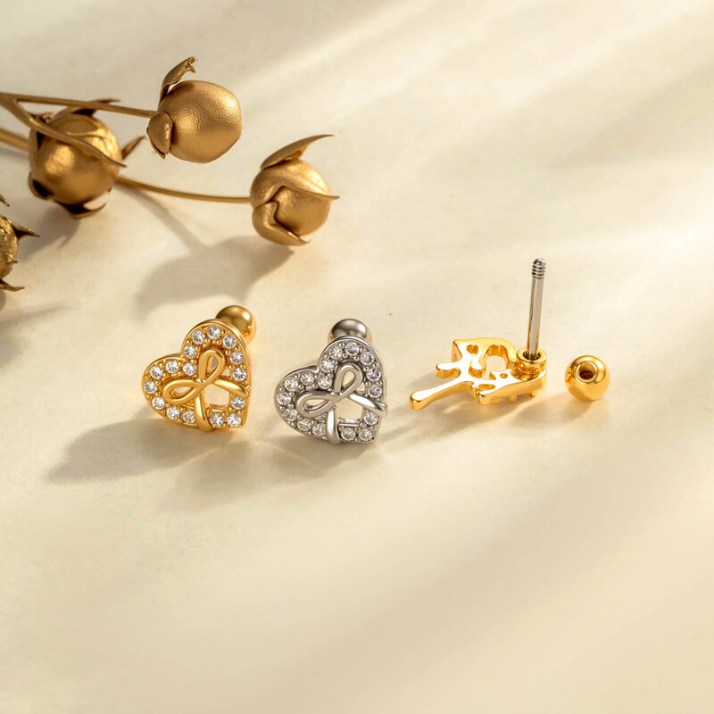 1 Piece Luxurious Flower Heart Copper Gold Color Zircon Women's Piercing Earrings 2